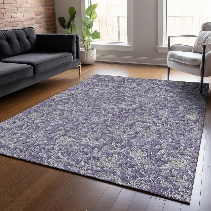 Eggplant Purple And Gray Floral Washable Indoor Outdoor Area Rug Photo 7