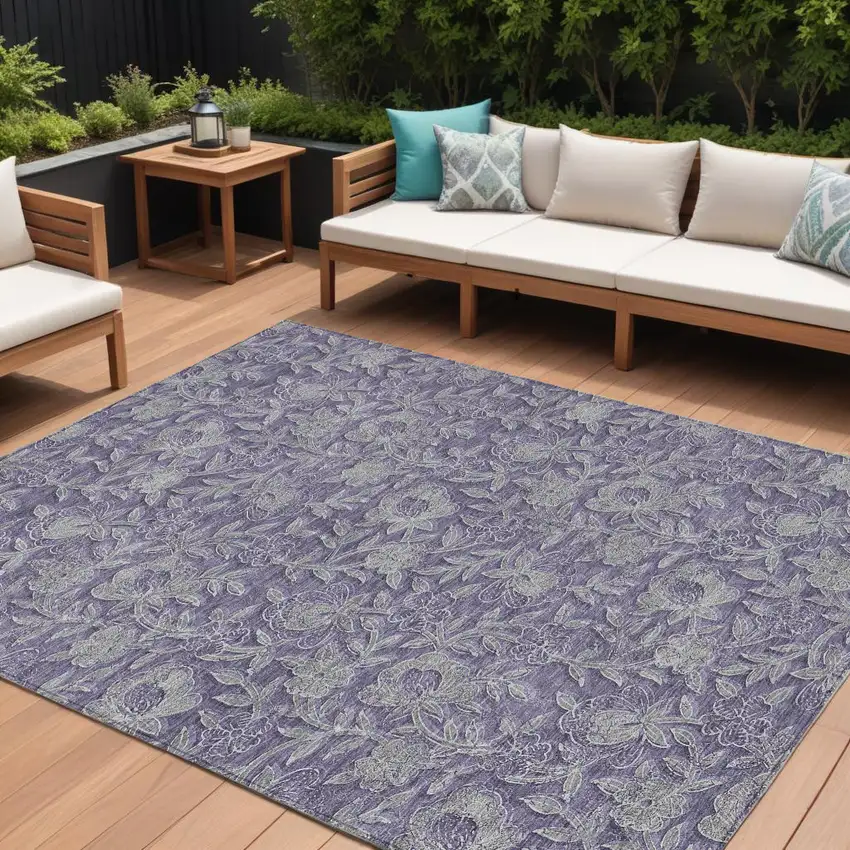 Eggplant Purple And Gray Floral Washable Indoor Outdoor Area Rug Photo 1