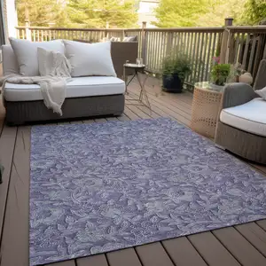 Photo of Eggplant Purple And Gray Floral Washable Indoor Outdoor Area Rug