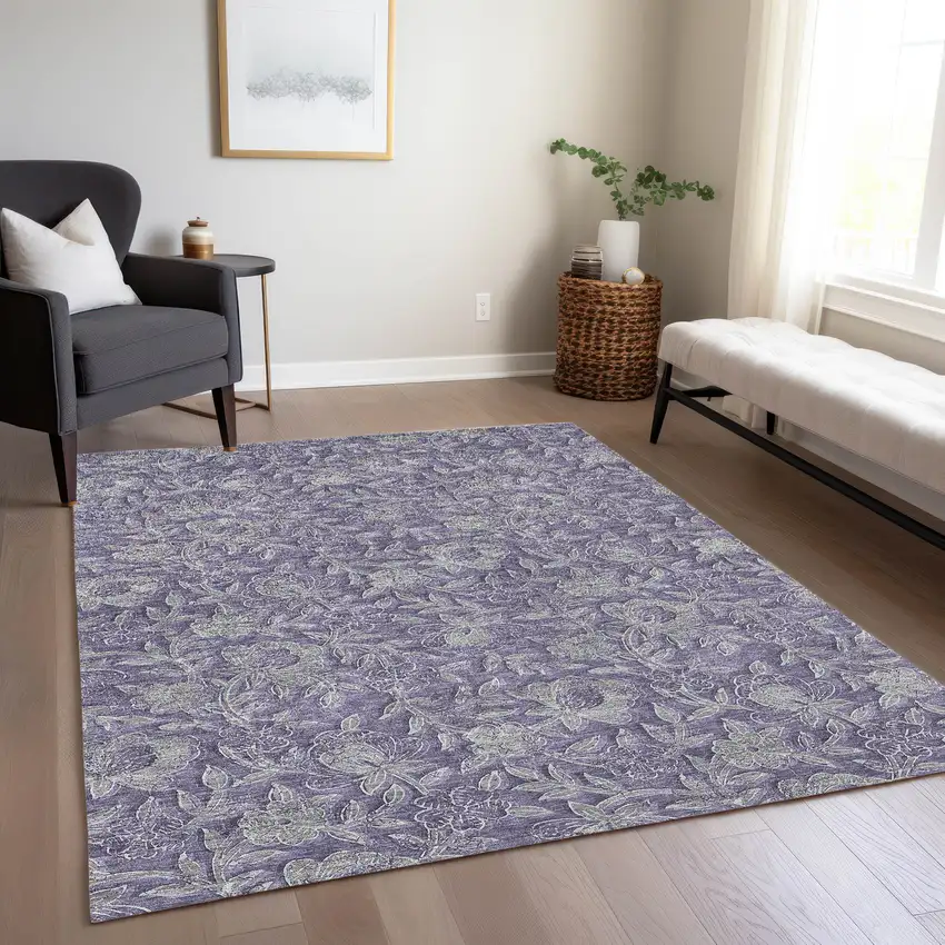 Eggplant Purple And Gray Floral Washable Indoor Outdoor Area Rug Photo 8