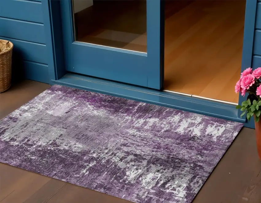 Eggplant Purple And Lavender Abstract Washable Indoor Outdoor Area Rug Photo 1