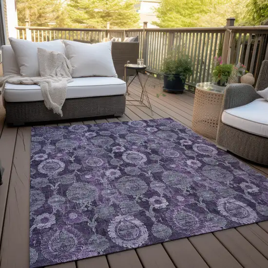 Eggplant Purple And Lavender Damask Washable Indoor Outdoor Area Rug Photo 9
