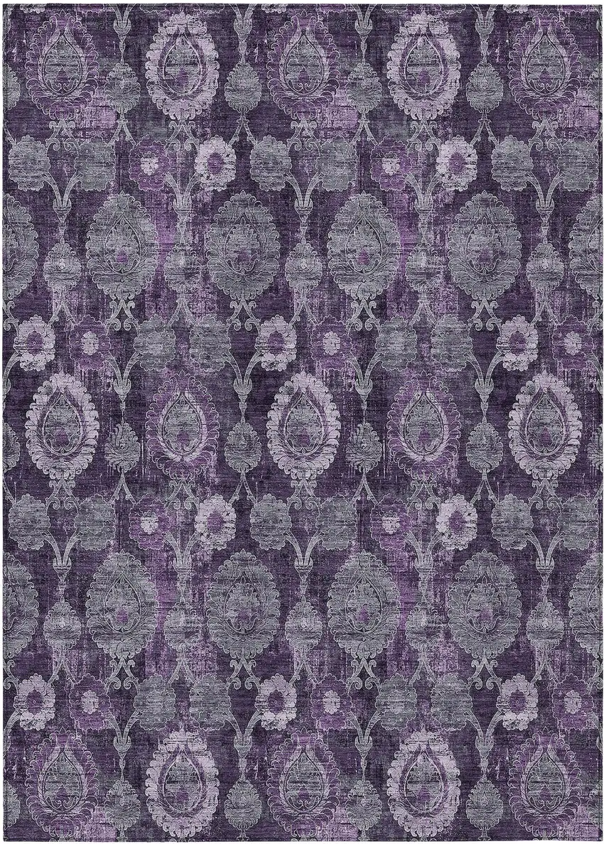 Eggplant Purple And Lavender Damask Washable Indoor Outdoor Area Rug Photo 2