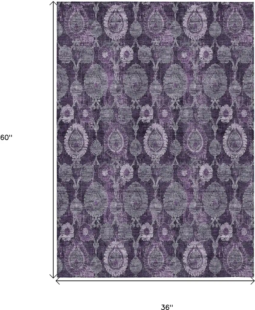 Eggplant Purple And Lavender Damask Washable Indoor Outdoor Area Rug Photo 3
