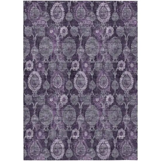 Eggplant Purple And Lavender Damask Washable Indoor Outdoor Area Rug Photo 2