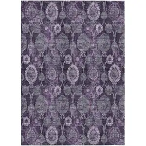 Photo of Eggplant Purple And Lavender Damask Washable Indoor Outdoor Area Rug