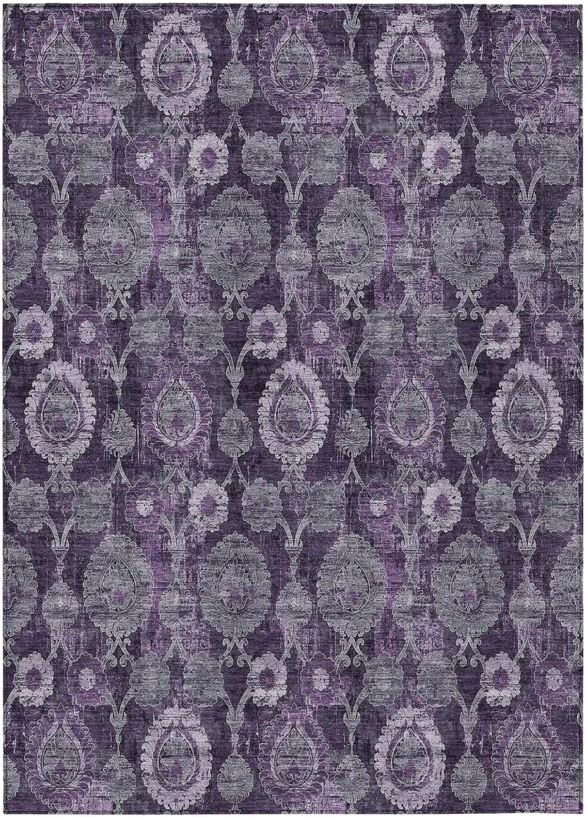 Eggplant Purple And Lavender Damask Washable Indoor Outdoor Area Rug Photo 2