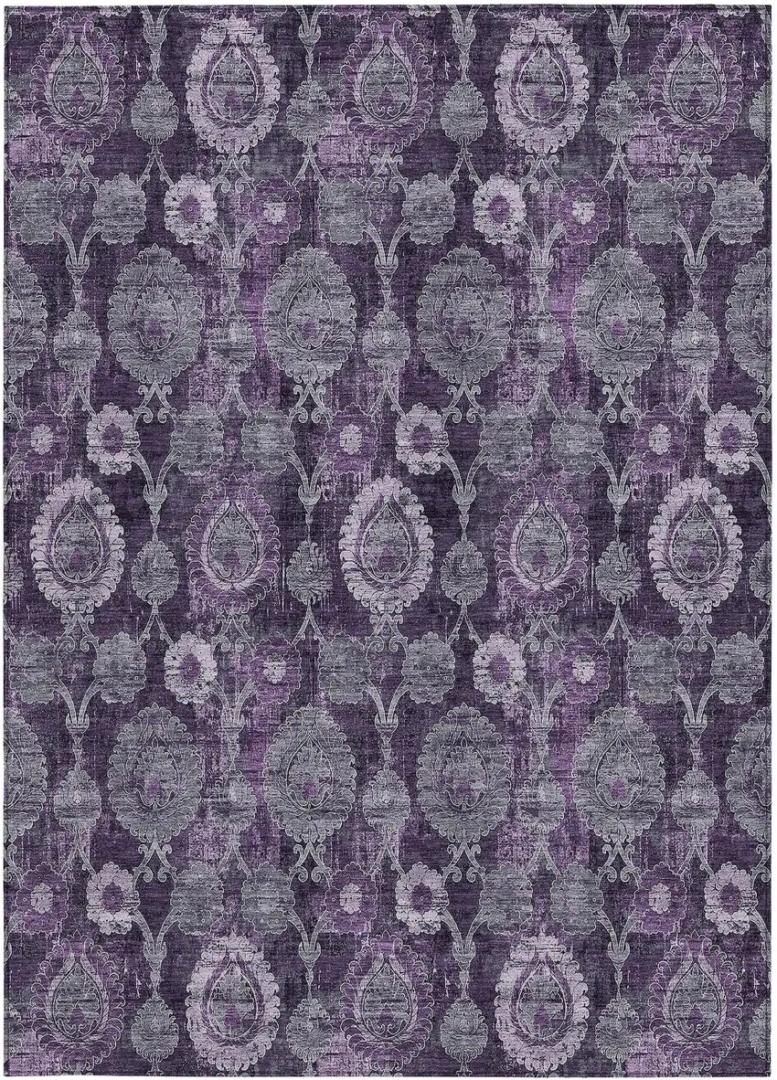 Eggplant Purple And Lavender Damask Washable Indoor Outdoor Area Rug Photo 7