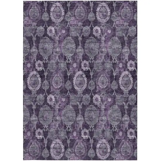 Eggplant Purple And Lavender Damask Washable Indoor Outdoor Area Rug Photo 7