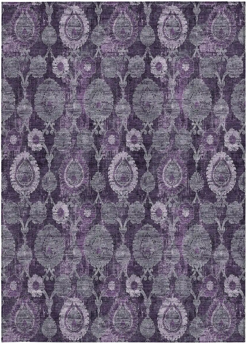Eggplant Purple And Lavender Damask Washable Indoor Outdoor Area Rug Photo 7
