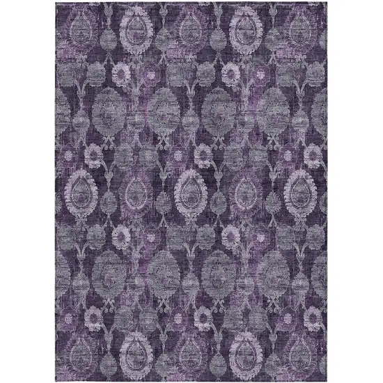 Eggplant Purple And Lavender Damask Washable Indoor Outdoor Area Rug Photo 7