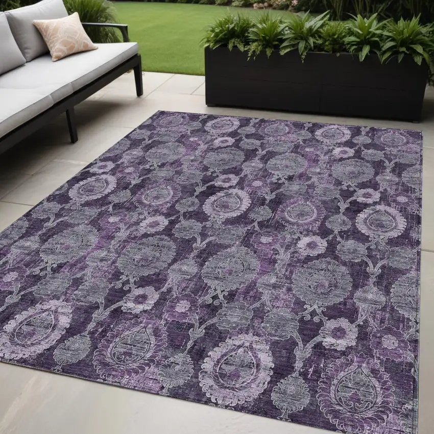 Eggplant Purple And Lavender Damask Washable Indoor Outdoor Area Rug Photo 1