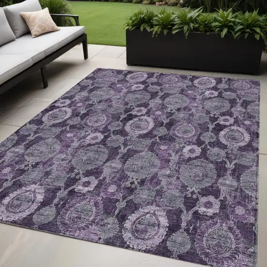 Eggplant Purple And Lavender Damask Washable Indoor Outdoor Area Rug Photo 1