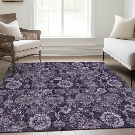 Eggplant Purple And Lavender Damask Washable Indoor Outdoor Area Rug Photo 9
