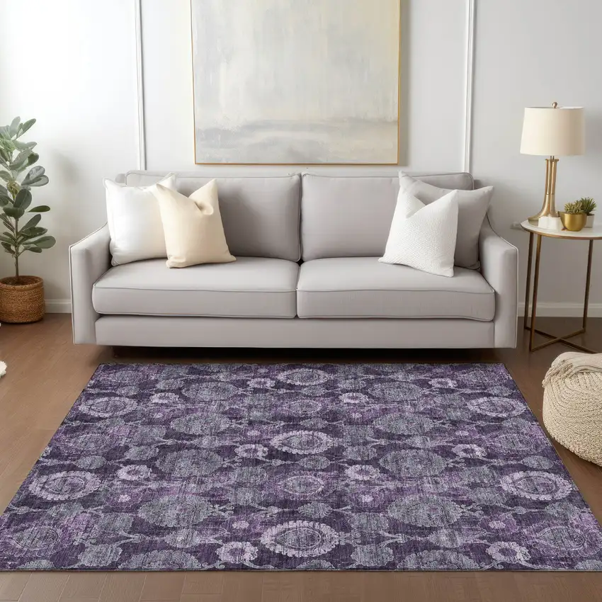 Eggplant Purple And Lavender Damask Washable Indoor Outdoor Area Rug Photo 9