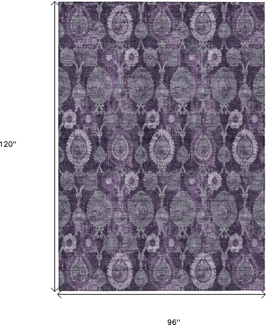 Eggplant Purple And Lavender Damask Washable Indoor Outdoor Area Rug Photo 3