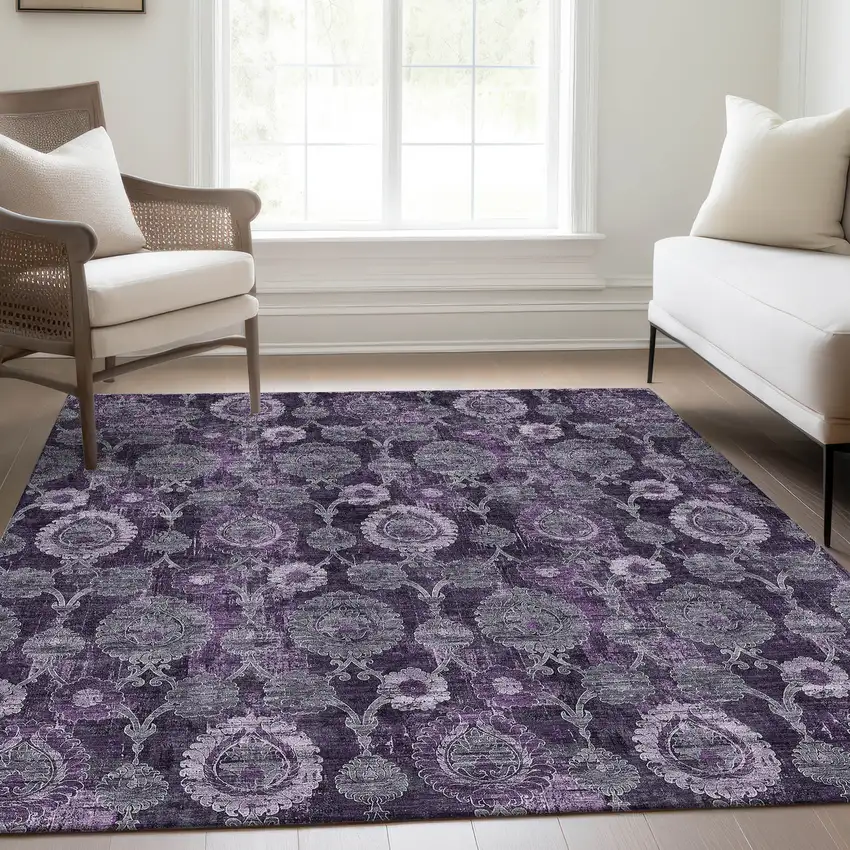 Eggplant Purple And Lavender Damask Washable Indoor Outdoor Area Rug Photo 9