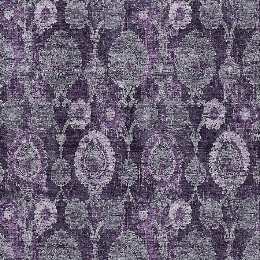 Eggplant Purple And Lavender Damask Washable Indoor Outdoor Area Rug Photo 6