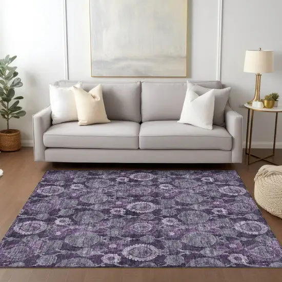 Eggplant Purple And Lavender Damask Washable Indoor Outdoor Area Rug Photo 9