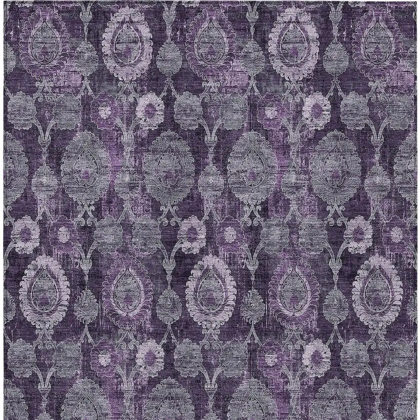 Eggplant Purple And Lavender Damask Washable Indoor Outdoor Area Rug Photo 6