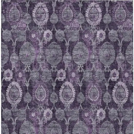 Eggplant Purple And Lavender Damask Washable Indoor Outdoor Area Rug Photo 6