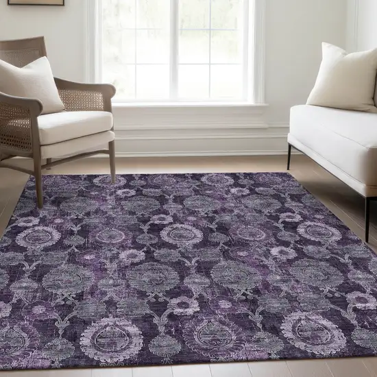 Eggplant Purple And Lavender Damask Washable Indoor Outdoor Area Rug Photo 9