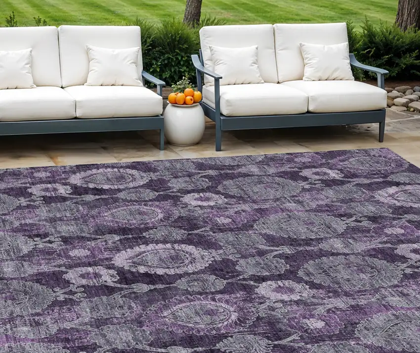 Eggplant Purple And Lavender Damask Washable Indoor Outdoor Area Rug Photo 1