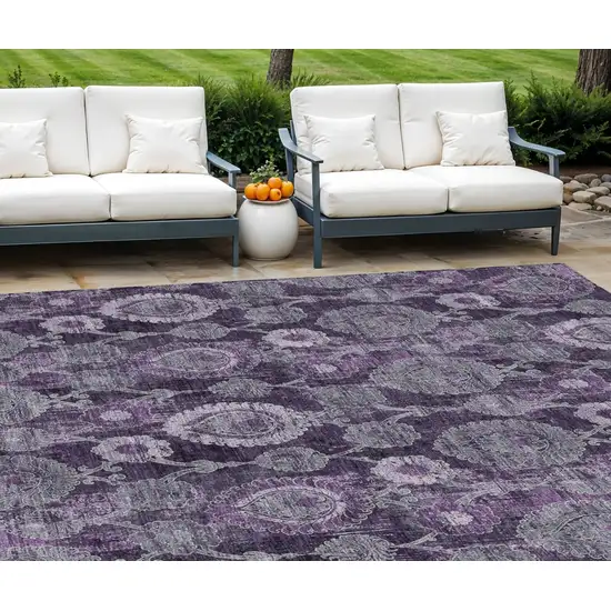 Eggplant Purple And Lavender Damask Washable Indoor Outdoor Area Rug Photo 1