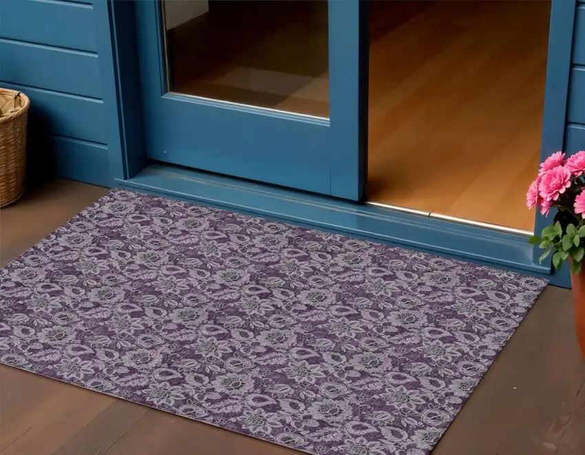 Eggplant Purple And Lilac Floral Washable Indoor Outdoor Area Rug Photo 1