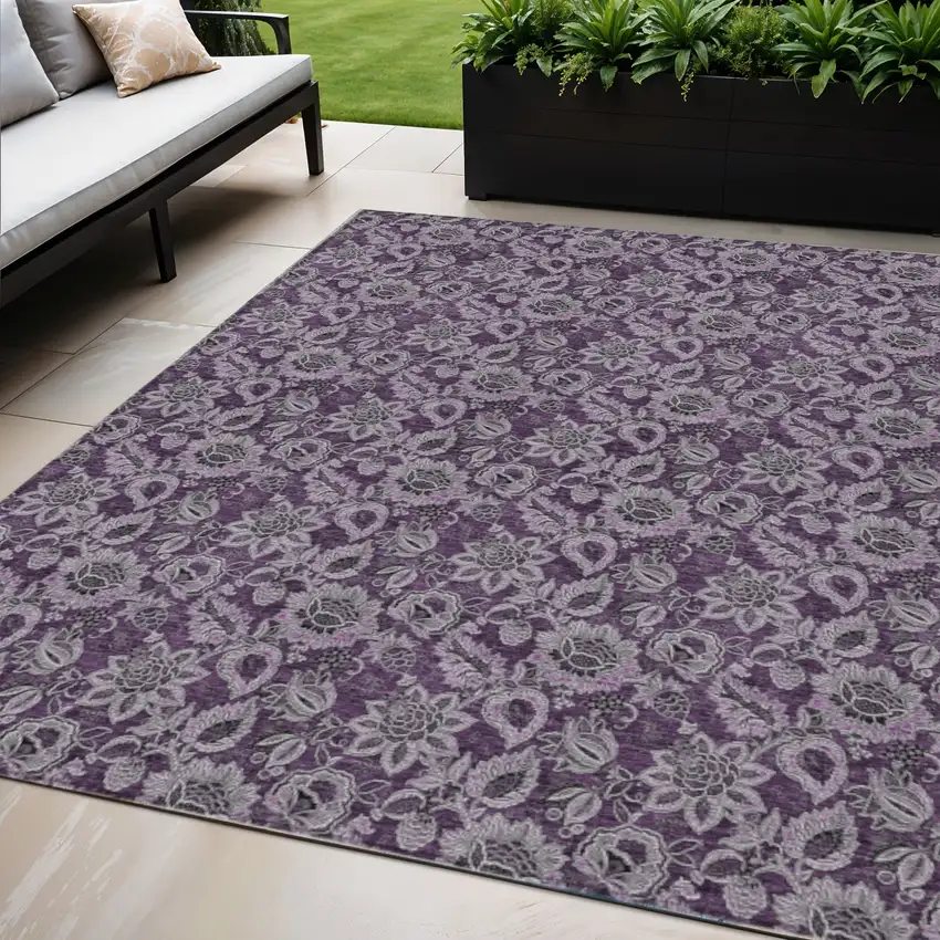 Eggplant Purple And Lilac Floral Washable Indoor Outdoor Area Rug Photo 1