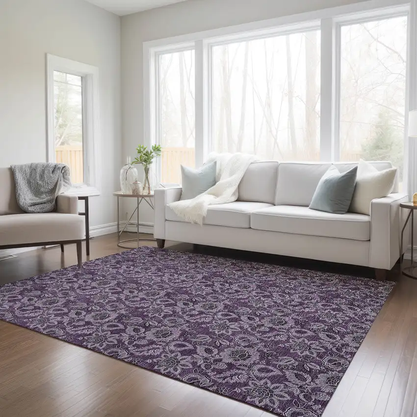 Eggplant Purple And Lilac Floral Washable Indoor Outdoor Area Rug Photo 8