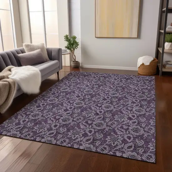 Eggplant Purple And Lilac Floral Washable Indoor Outdoor Area Rug Photo 7