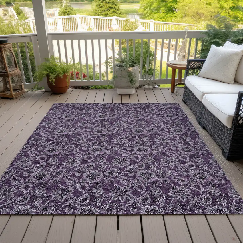 Eggplant Purple And Lilac Floral Washable Indoor Outdoor Area Rug Photo 8