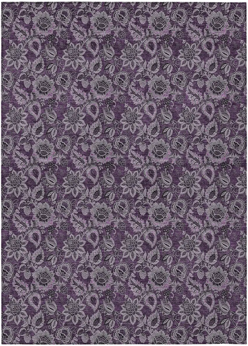 Eggplant Purple And Lilac Floral Washable Indoor Outdoor Area Rug Photo 2