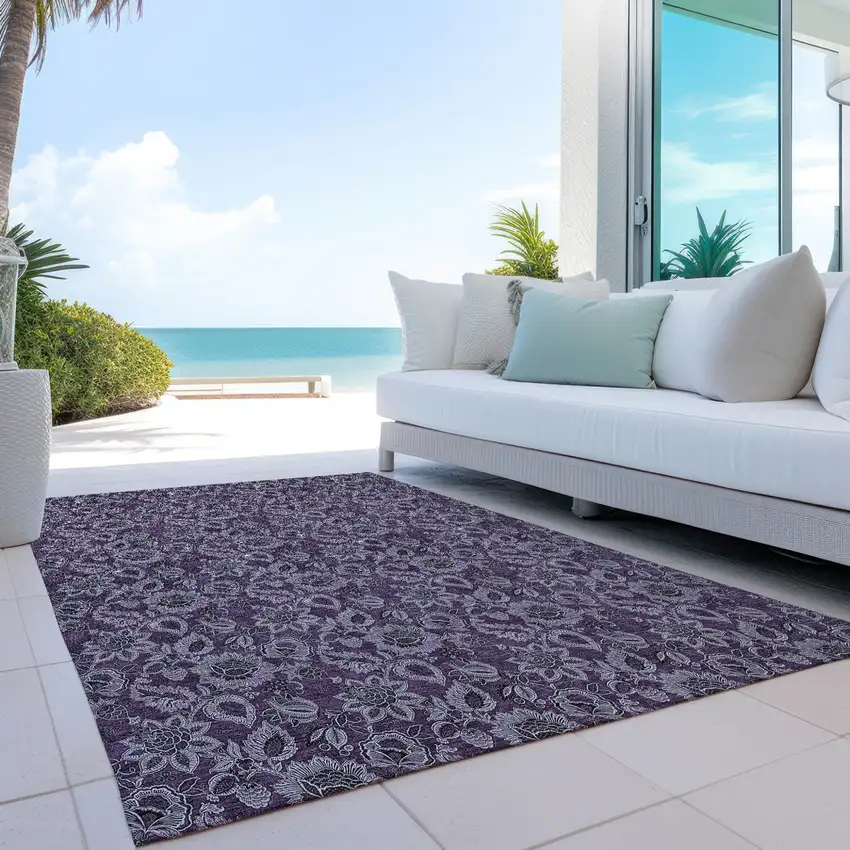 Eggplant Purple And Lilac Floral Washable Indoor Outdoor Area Rug Photo 9