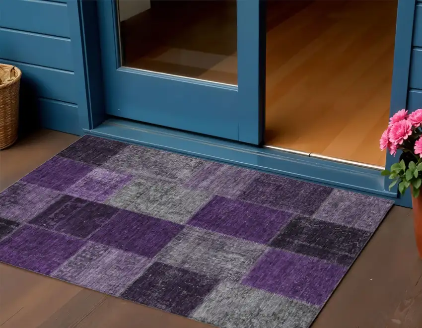 Eggplant Purple And Lilac Patchwork Washable Indoor Outdoor Area Rug Photo 1
