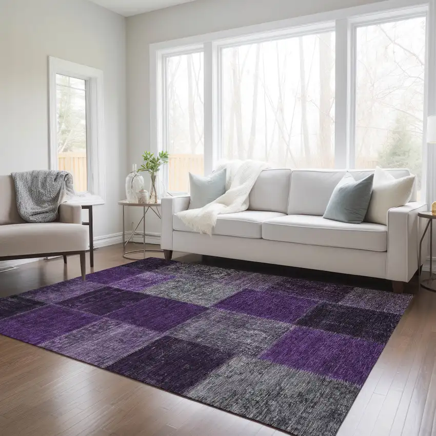 Eggplant Purple And Lilac Patchwork Washable Indoor Outdoor Area Rug Photo 9