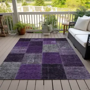 Photo of Eggplant Purple And Lilac Patchwork Washable Indoor Outdoor Area Rug