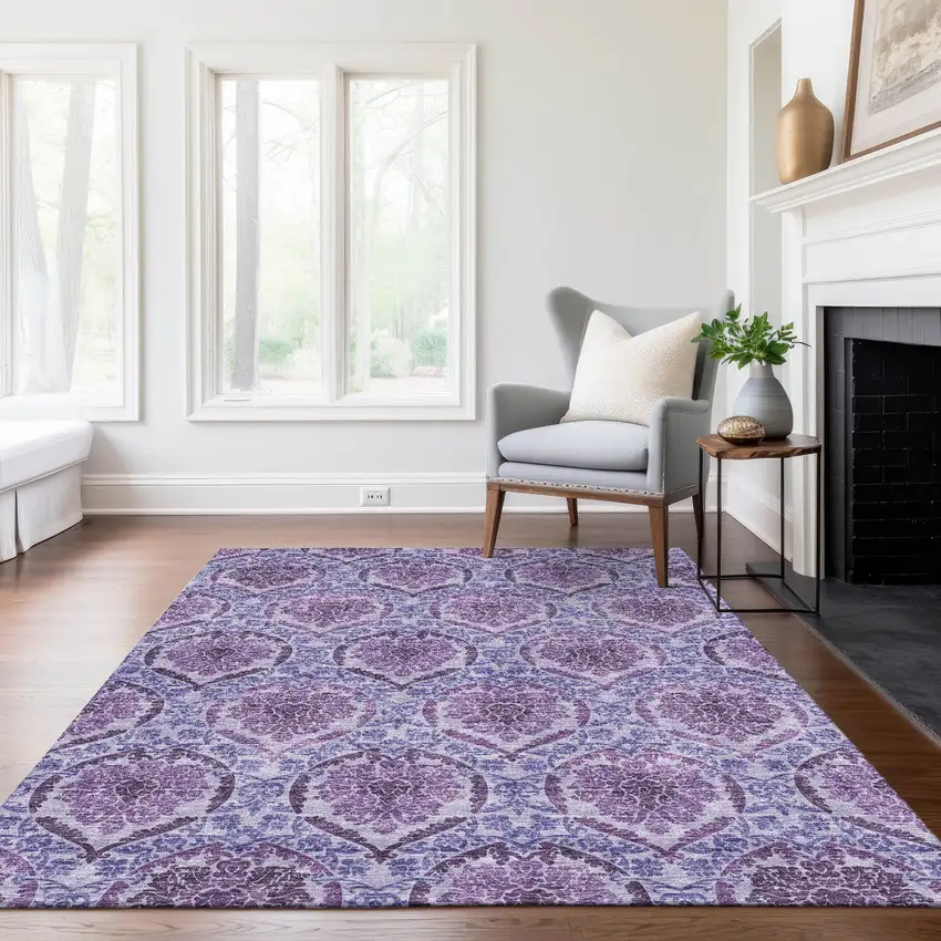 Eggplant Purple And Silver Medallion Washable Indoor Outdoor Area Rug Photo 8
