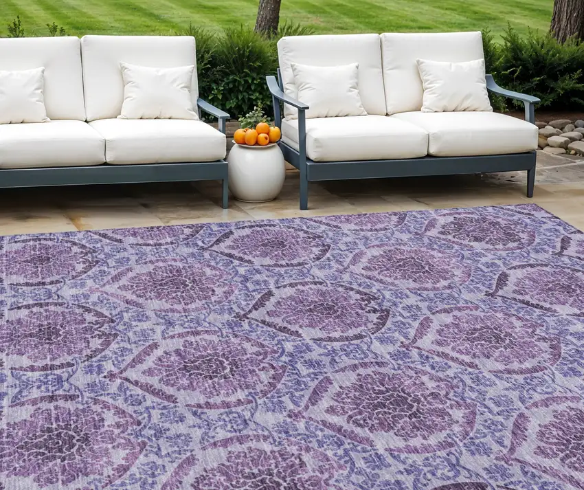 Eggplant Purple And Silver Medallion Washable Indoor Outdoor Area Rug Photo 1
