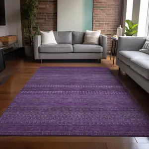 Photo of Eggplant Striped Washable Non Skid Indoor Outdoor Area Rug