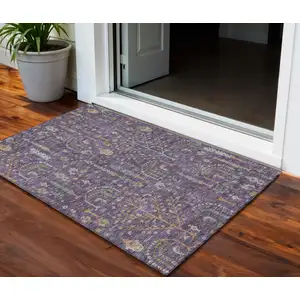 Photo of Eggplant Terra Cotta And Green Floral Washable Indoor Outdoor Area Rug