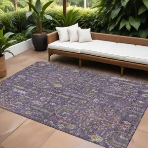 Photo of Eggplant Terra Cotta And Green Floral Washable Indoor Outdoor Area Rug