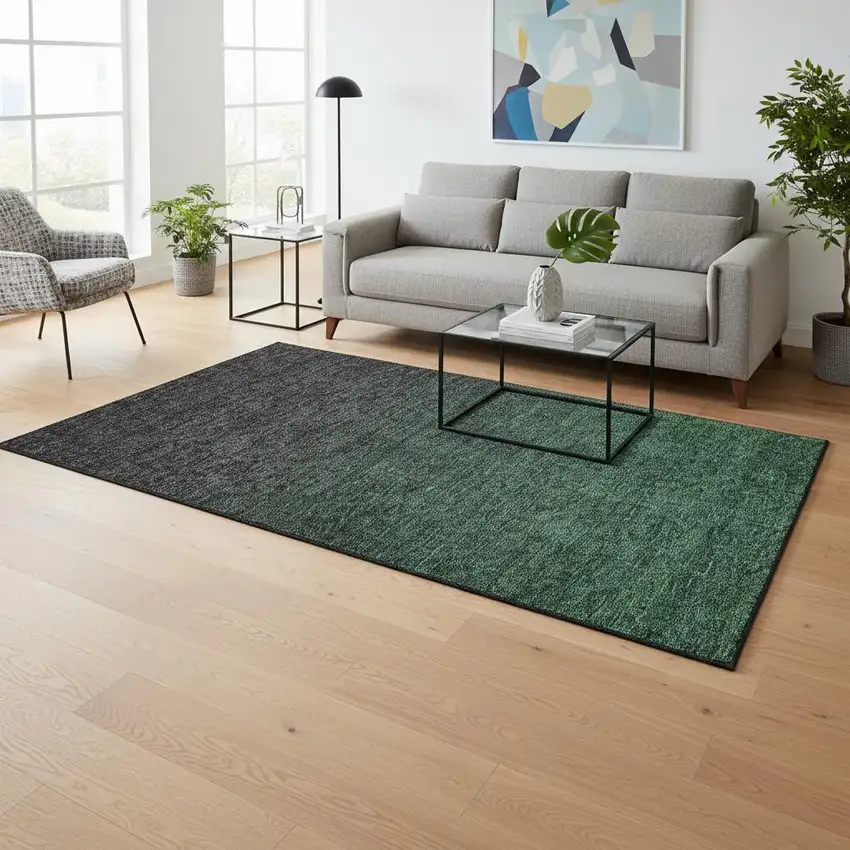 Emerald And Charcoal Ombre Washable Area Rug With UV Protection Photo 2