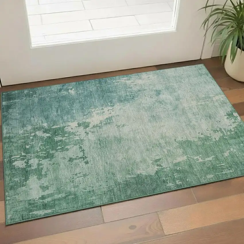 Emerald And Denim Blue Abstract Washable Area Rug With UV Protection Photo 2
