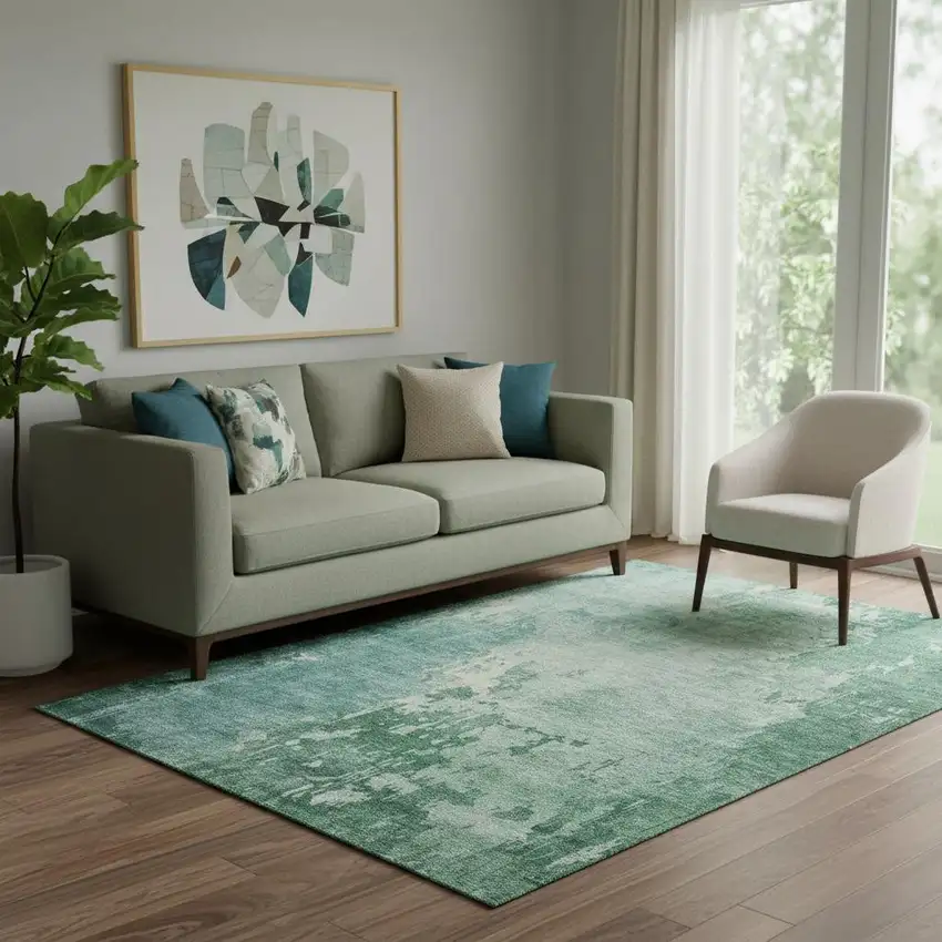 Emerald And Denim Blue Abstract Washable Area Rug With UV Protection Photo 2