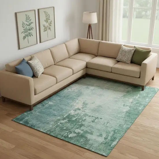 Emerald And Denim Blue Abstract Washable Area Rug With UV Protection Photo 2