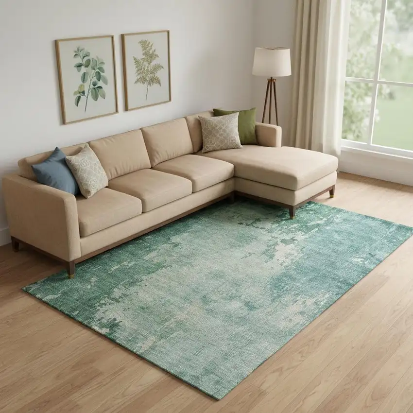 Emerald And Denim Blue Abstract Washable Area Rug With UV Protection Photo 2