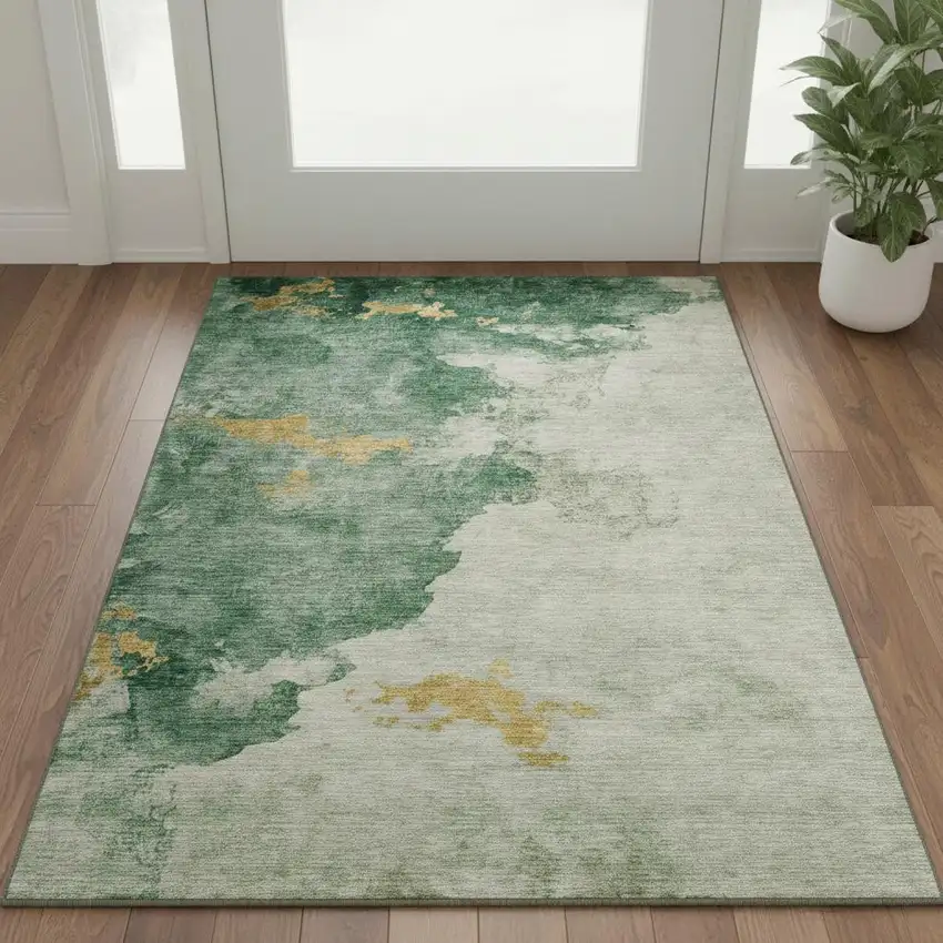 Emerald And Gold Abstract Washable Area Rug With UV Protection Photo 2