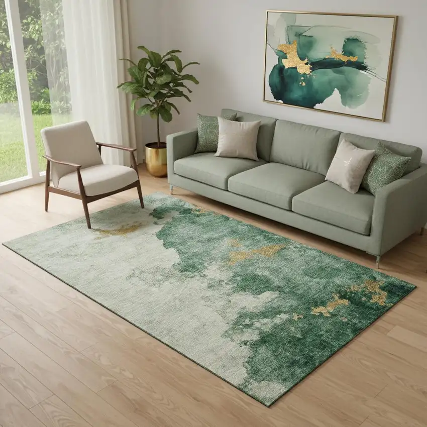 Emerald And Gold Abstract Washable Area Rug With UV Protection Photo 2